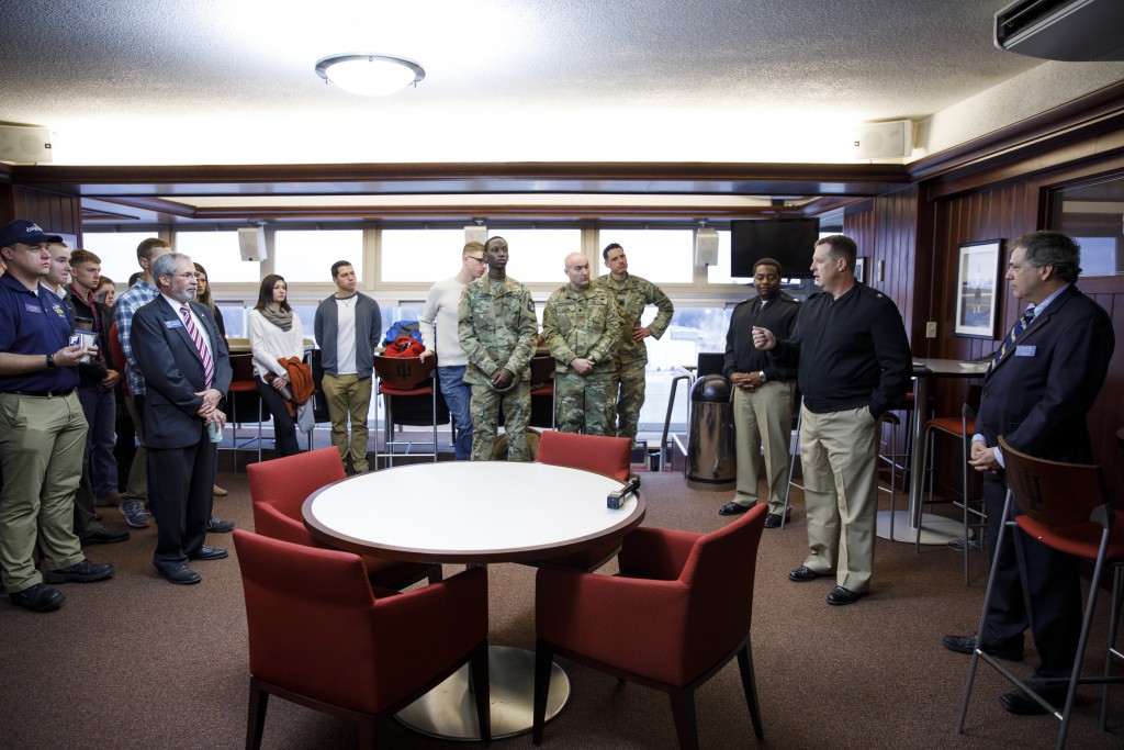 USS Indiana (SSN-789) commander Jesse J. Zimbauer speaks during a reception for visitors representing the submarine at Memorial Stadium at Indiana University Bloomington on Tuesday, Jan. 10, 2017. The USS Indiana (SSN-789) is a Virginia-class submarine expected to be christened in April and commissioned sometime in 2018.