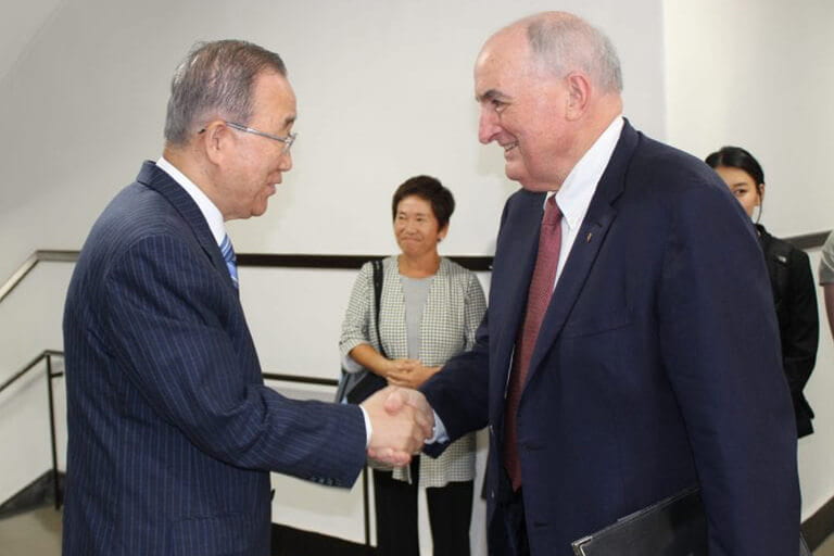 Ban Ki-Moon, secretary-general of the United Nations from 2007 to 2016, meets IU President Michael McRobbie.