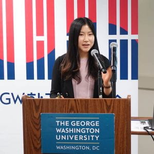 Chaewon Lee giving her presentation "Perceptions and Dimensions of Peace: The Divergent Discourse of Inter-Korean Peace between Hankyoreh and Chosun Ilbo in South Korea"