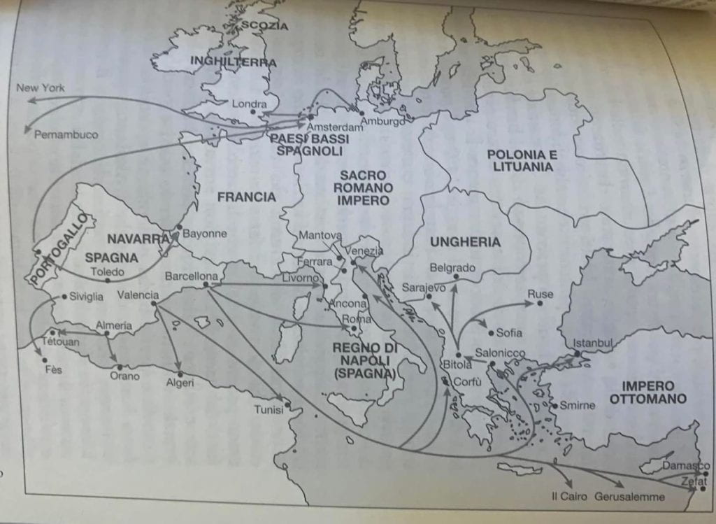 Map showing several paths of Jewish migration originating in Spain and expanding as far east as Turkey and Damascus, west to the Americas, north to Hamburg, and south to Tunisia