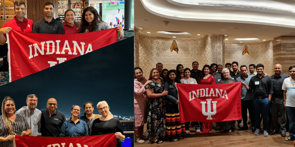 A collage of many Indian alumni holding IU flags and posing with IU delegation members