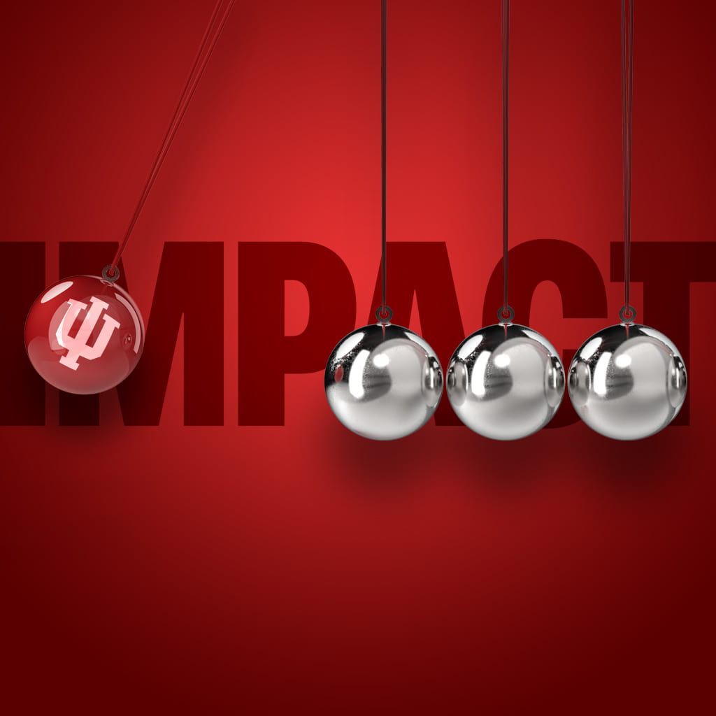 IU Impact graphic with Newton's cradle theme