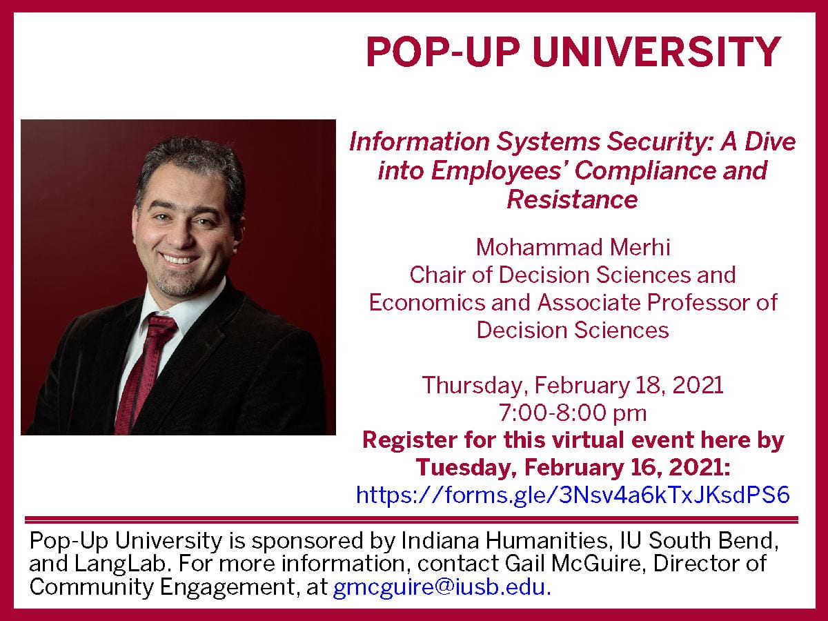 Pop-Up University poster with photo of Mohammad Merhi and event information that is also stated in the body of the post. At the bottom, it also says, "Pop-Up University is sponsored by Indiana Humanities, IU South Bend, and LangLab. For more information, contact Gail McGuire, Director of Community Engagement, at gmcguire@iusb.edu."