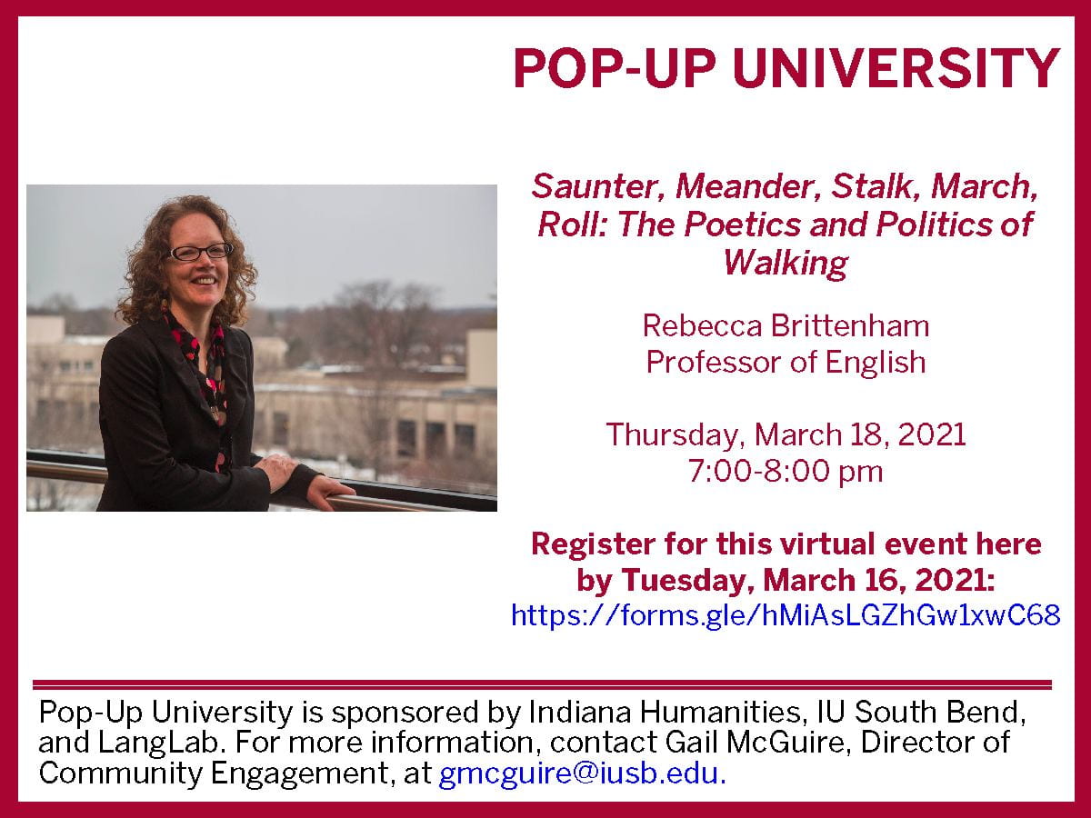 Pop-Up University poster with photo of Rebecca Brittenham and event information that is also stated in the body of the post. At the bottom, it also says, "Pop-Up University is sponsored by Indiana Humanities, IU South Bend, and LangLab. For more information, contact Gail McGuire, Director of Community Engagement, at gmcguire@iusb.edu."