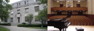 Exterior of Merrill Hall and interior of Recital Hall which is located on the ground floor. 
