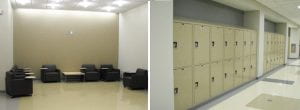 East Studio Building lounge, and hallway featuring student lockers.