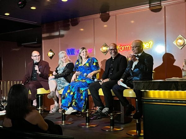 A panel of Kinsey Institute faculty and collections staff answer questons onstage at the Britely Social Club in West Hollywood, California.