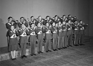 formal pose of Marching Hundred Trumpet Section, 1947