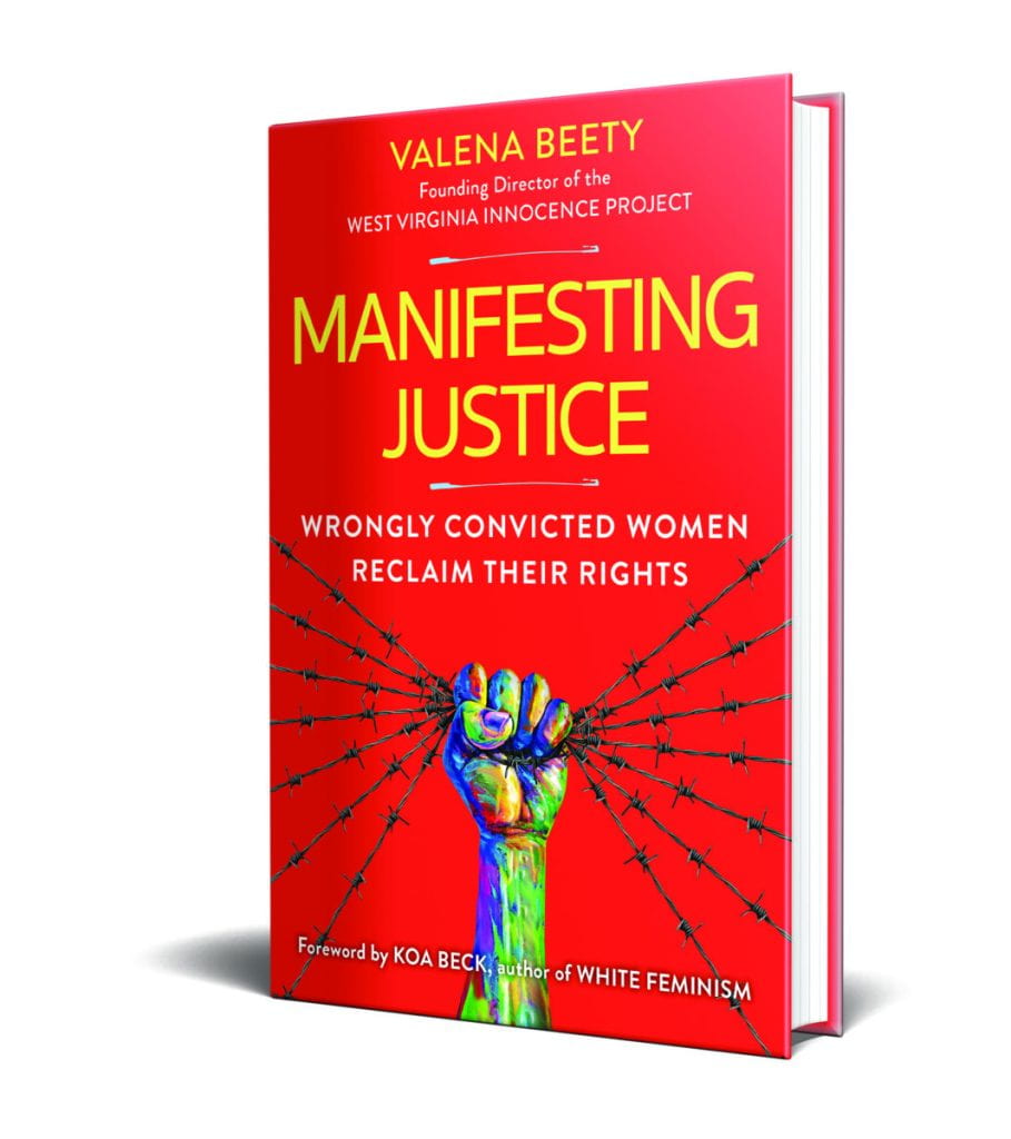 The cover of Manifesting Justice, featuring a hand gripping barbed wire, is displayed.