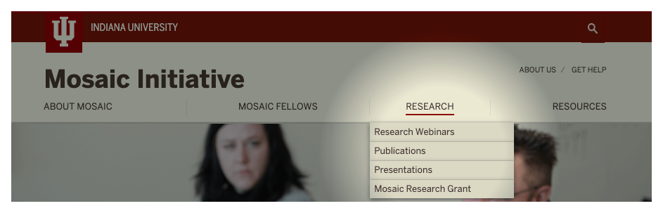 Image of the https://mosaic.iu.edu website main page with the “Research Tab” highlighted