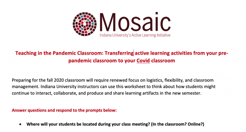 Image of the new handout titled: Teaching in the Pandemic Classroom: Transferring your active learning activities from pre-pandemic classroom to your Covid classroom.