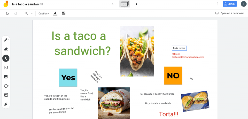 Image of example Google Jamboard discussion featuring text, links, and images. 