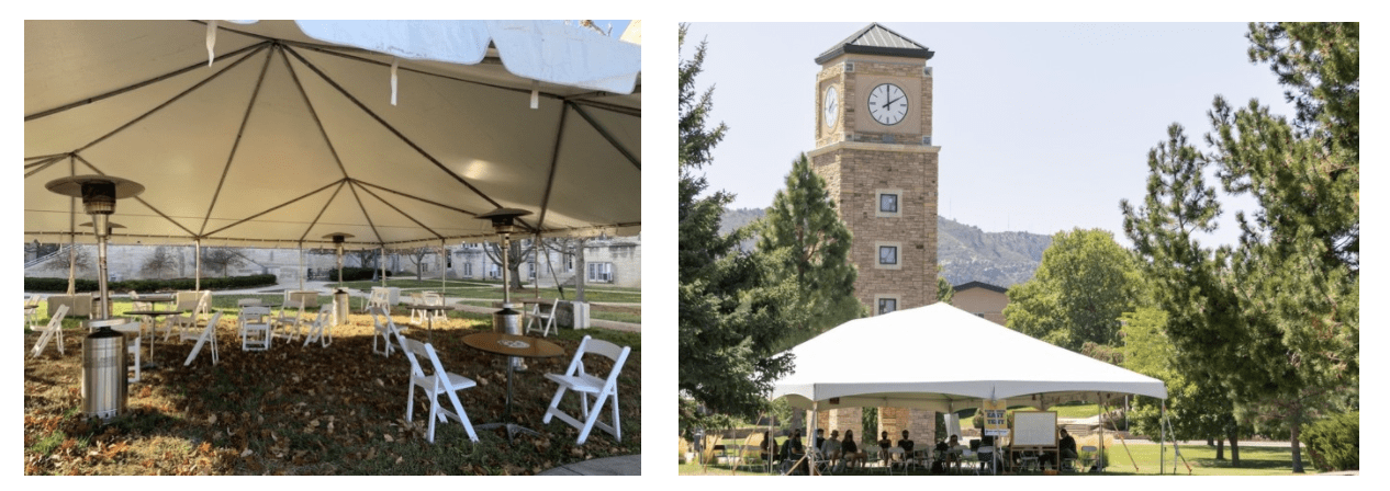 IU and Ft. Lewis College installed temporary tents to facilitate outdoor learning opportunities. Fort Lewis College