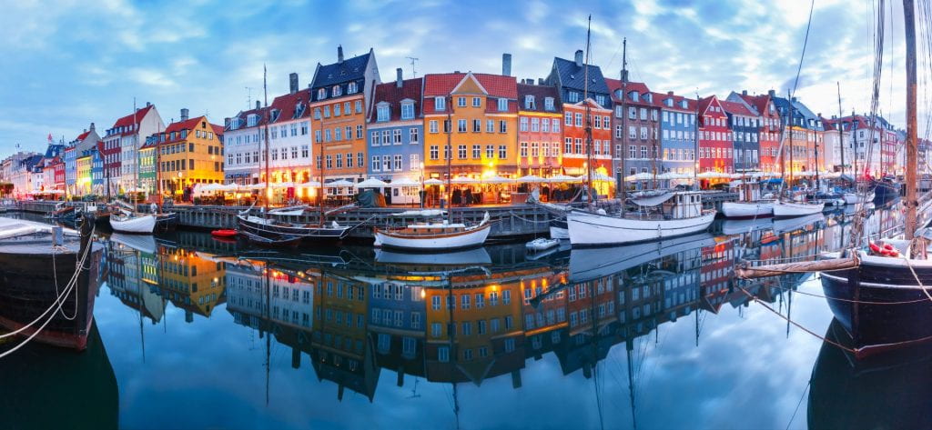 Panorama of buildings on water in Copenhagen, Denmark