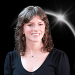 Woman smiling. Background is a graphic of a partial solar eclipse.