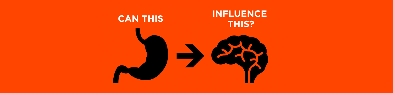A cartoon image of a stomach with an arrow pointing to a brain, with the words "can this" (above stomach) "influence this?" (above brain)