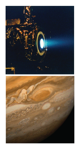 The top image is a photograph of the thruster of a spacecraft, emitting a bright stream. The bottom image shows a portion of a planet’s surface from space.