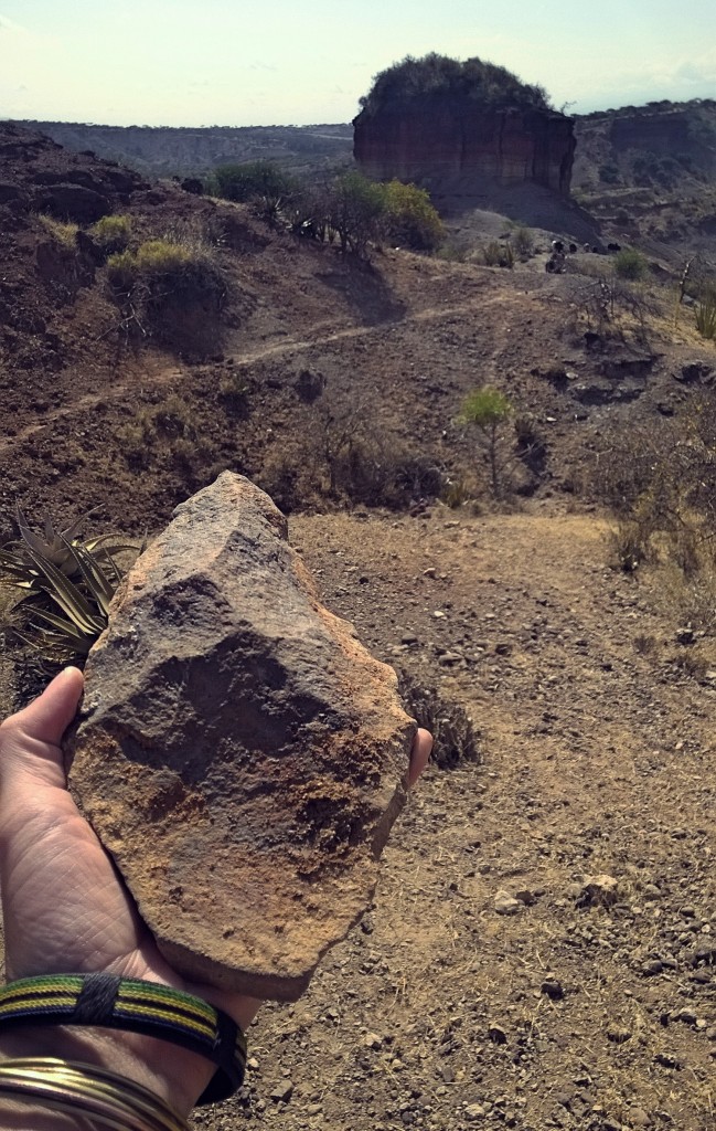 A stone tool is held in a researcher's hand, with the gorge and some preserved sediment in the background.