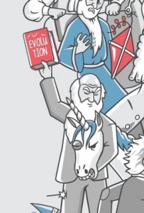 a cartoon of Darwin hitting a unicorn with a book titled "evolution"