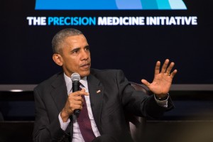 President Barack Obama speaks during a panel discussion for the White House Precision Medicine Initiative (PMI) Summit in Washington, D.C. Feb. 25, 2016. Obama hosted the panel that included Assistant Secretary of Defense for Health Affairs Dr. Jonathan Woodson, researchers, and patients discussing medical research and ways to improve healthcare for veterans and patients nationwide. (DoD News photo by EJ Hersom)
