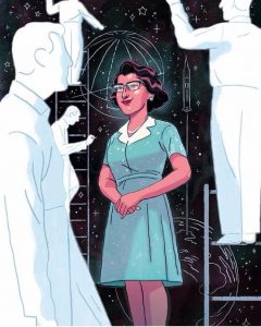 An illustration of Katherine Jackson. She is drawn as a young scientist, wearing a blue dress and glasses. Around her are figures of men, drawn only as outlines and completely white in color, against a black background. On the background are sketches of stars, planets, and a spacecraft taking off from one of the planets.