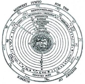 The logo of the Junto. It is a set of concentric circles labeled with the names of different states in the Midwest of the United States. It mirrors a geocentric cosmological diagram (with the earth at the center) in Peter Apian's Cosmographia, 1524.