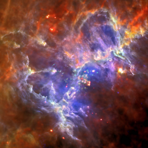 A vibrant image of the Eagle Nebula with cloud-like formations colored in blues and reds and speckled with occasional small bright dots.