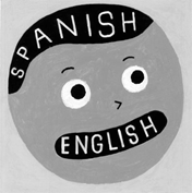 Cartoon image of a child whose brain thinks in Spanish and whose mouth speaks in English