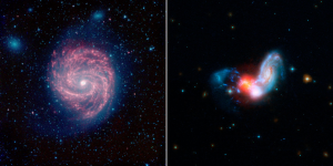Two images for side by side comparison. In the left image, against a black background with faint stars, the center of the image is dominated by a red spiral galaxy. It has two main arms spiralling out from a hot white center. The galaxy is also surrounded by a halo of blue gas. In the right image, a black background against which two galaxies are colliding. The center is a red glow of gas and blue wisps form an arc to the left. On the right, a blue spiral galaxy is merging into the red center, the arms of the spiral being pulled away from the structure.