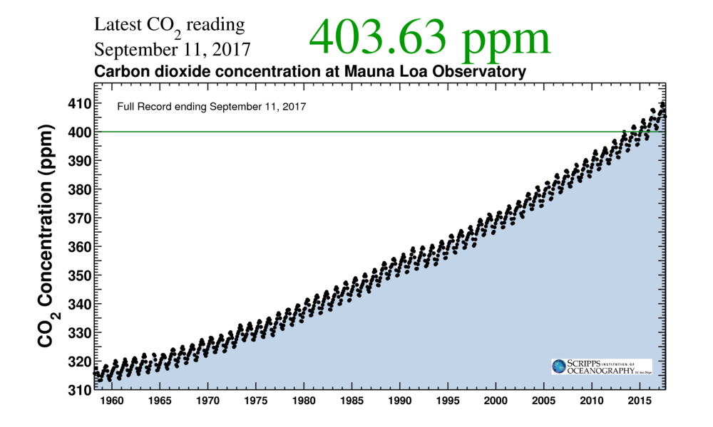 This graph plots CO2 concentration in parts per million (PPM) at the Mauna Loa Observatory over nearly 60 years. The positive trend begins at 310 ppm and gradually increases with a slight upward curve to the current reading of 403.63 ppm on September 11, 2017. 