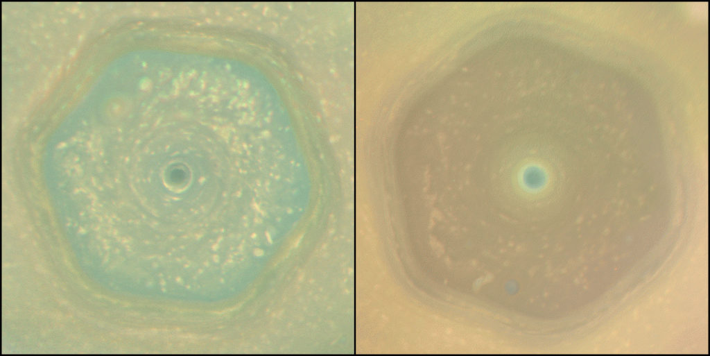 Both images show a looped video of a hexagonal storm in the gas of Saturn’s polar atmosphere. The storm on the left is all blues and light greens. The storm on the right is all yellow and dark orange with the exception of a blue center circle.