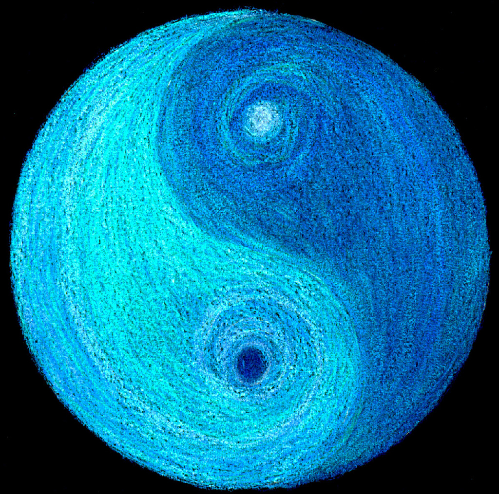 Yin Yang symbol with dark and light blue sides.