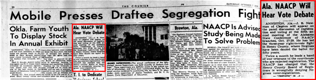 Newspaper clipping from the Pittsburgh Courier on October 7th, 1950. As shown in the panel on the right, J.B. Newman appeared on a NAACP voting rights panel due to his work on the issue in Henry County, where Abbeville is.