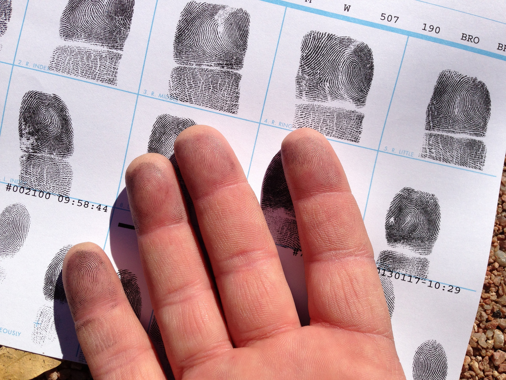 Image of a hand overlying a fingerprint sheet. Black ink is still visible on the fingers.