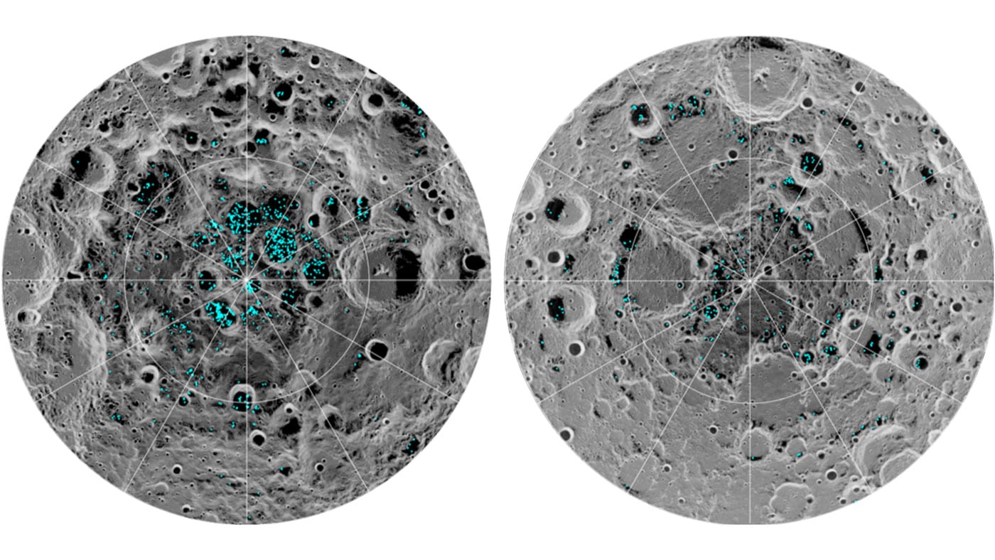Images of the moon with blue markers to indicate where water has been found. 