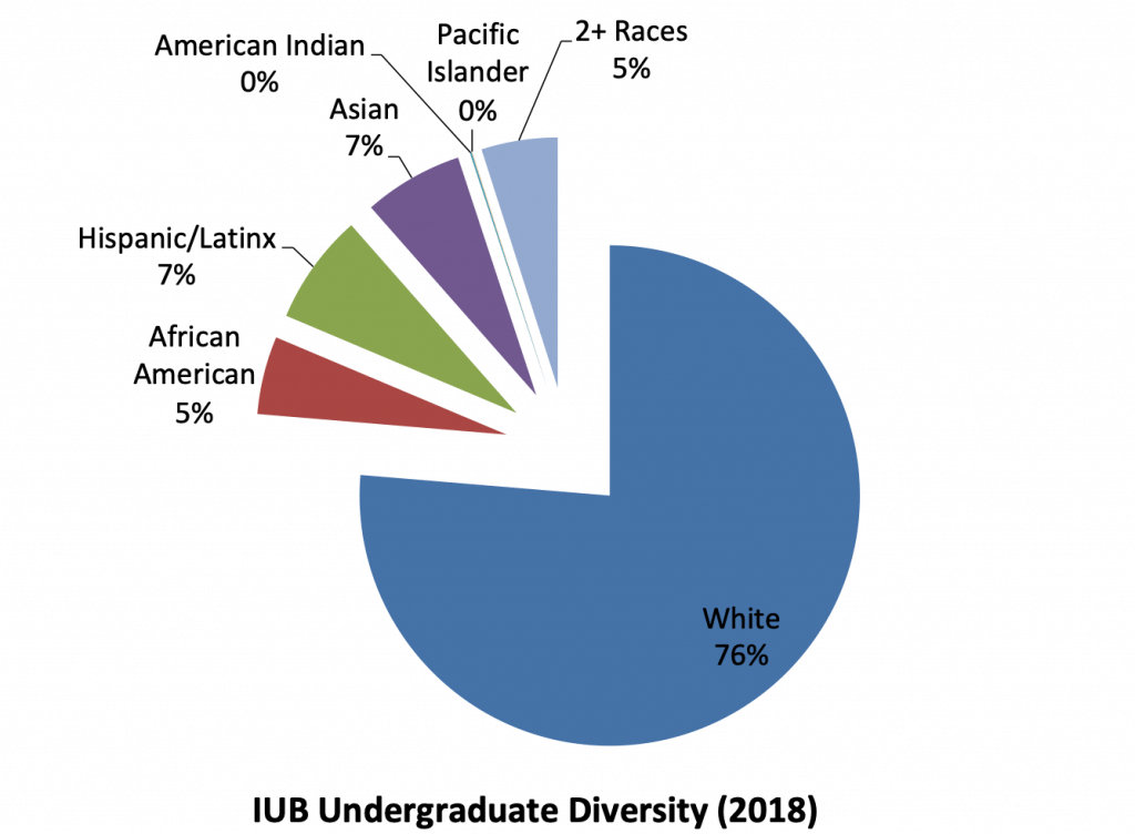 Pie chart reflecting the racial distribution of students at IU Bloomington in 2018. The pie chart reflects 76% of students identify as White, 7% as Asian, 7% as Hispanic or Latinx, 5% as African American, 5% as 2 or more races, and 0% as American Indian or Pacific Islander.