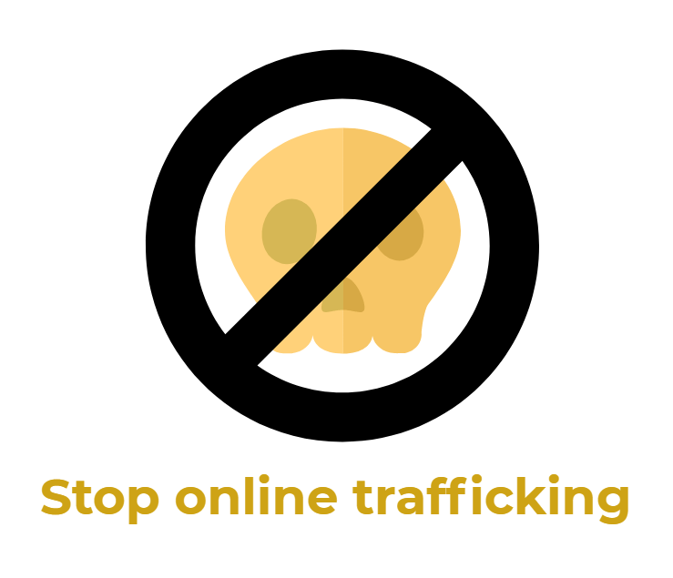 Cartoon skull with a prohibited sign that says "stop online trafficking"