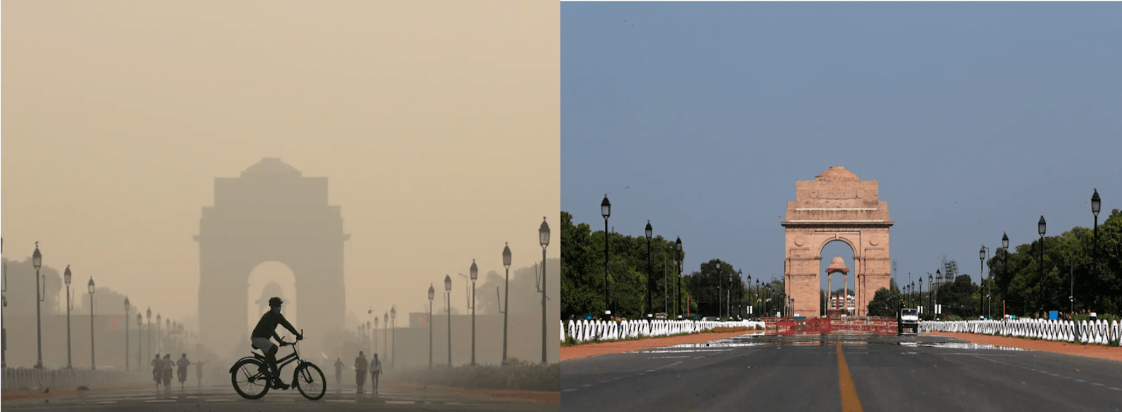 [smoggy vs clear photo of an arch in Delhi, India]