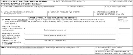 The relevant section of a U. S. Standard Death Certificate, showing how different causes are illustrated. Part II includes contributing factors such as diabetes or heart disease. You can see the entire form here. Some states may have slightly different death certificates, but the underlying structure is fairly constant. 