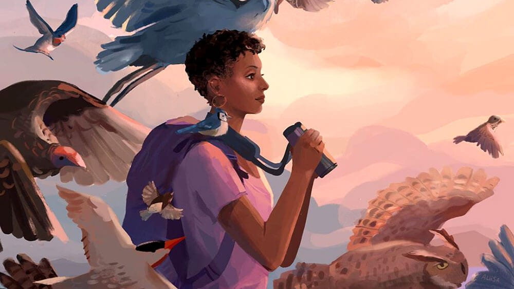 A painting of a young Black woman wearing a backpack and holding binoculars in her hands. She is gazing into the distance, and birds of various colors and sizes are flying around her.