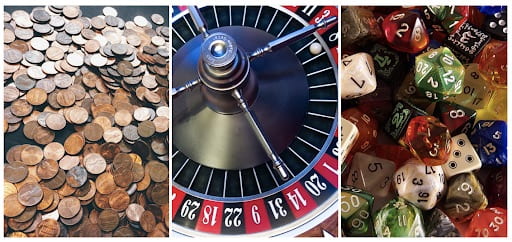 pictures of coins, a roulette wheel, and gaming dice