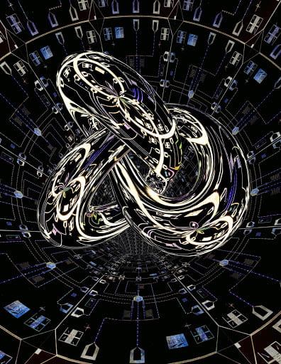 [A chrome trefoil knot is shown coming out of a tunnel, with futuristic circuitry reflected on its surface.]