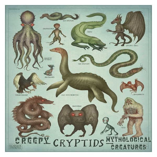 [an image containing about a dozen drawings of different animals, including a giant squid and a komodo dragon, in front of a light blue background. The image is labelled “Cryptids” at the bottom center.]