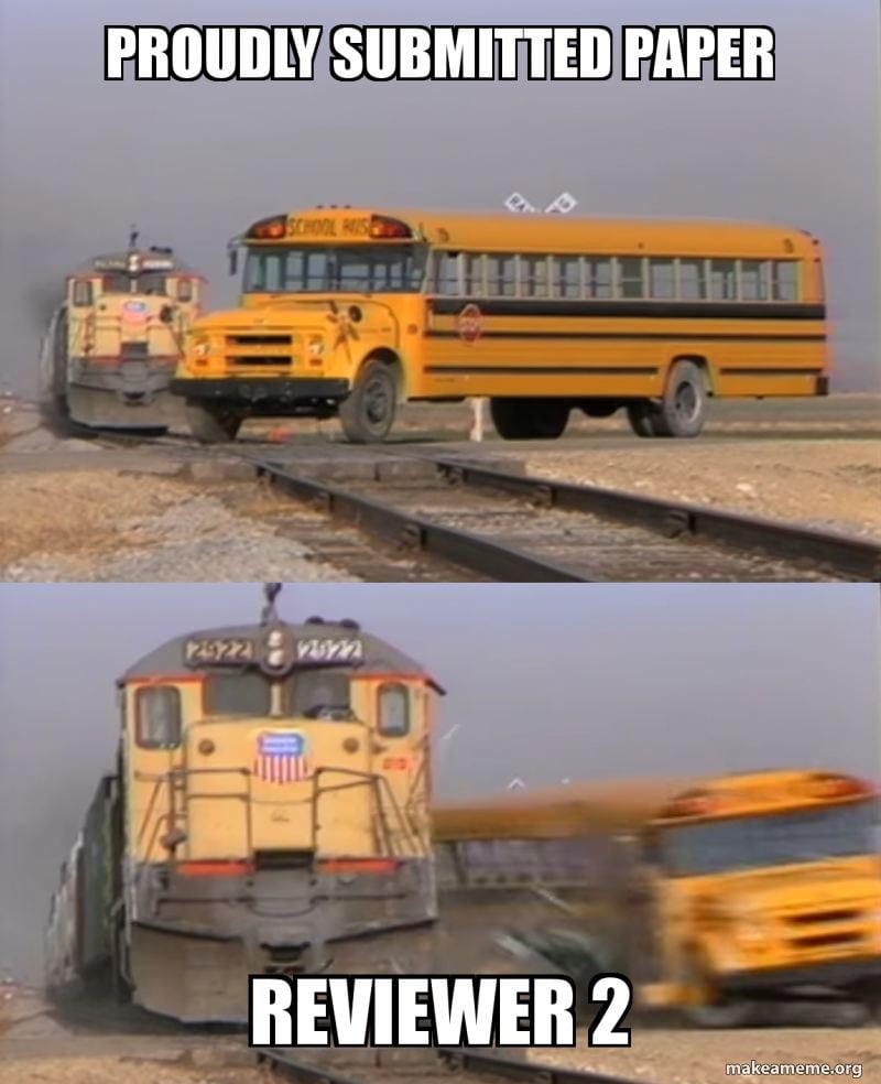 A meme with a school bus (labelled as a researcher proudly submitting a paper) driving over a train track, and then getting hit by the train who is labelled as Reviewer 2.