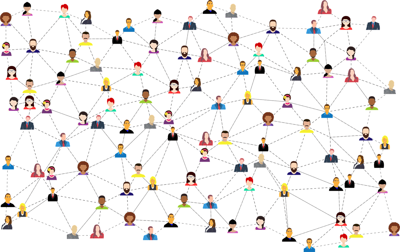 An infopgrahic with cartoon images of 30+ people and lines connecting between them all to demonstrate how the digital world connects people from all over the world.