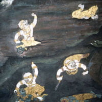 Art depicting the famous Vanaras of the Ramayana in gold clothes carrying swords on a backdrop of bluish-black. 