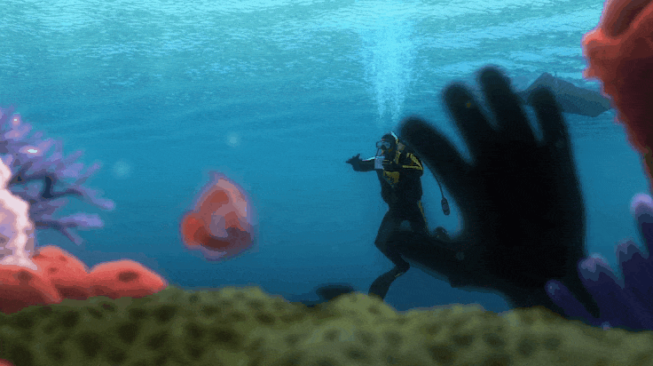 animated GIF of a scuba diver underwater, scooping a clownfish into a ziplock bag and swimming away.