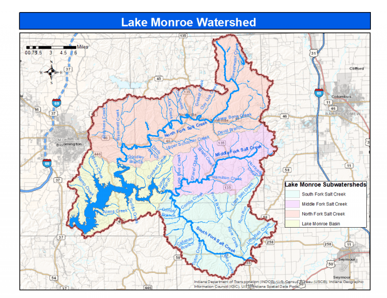 A map featuring the water systems of Monroe County. To the East three main creeks feed into Lake Monroe (to the West), each with many smaller branches of water.