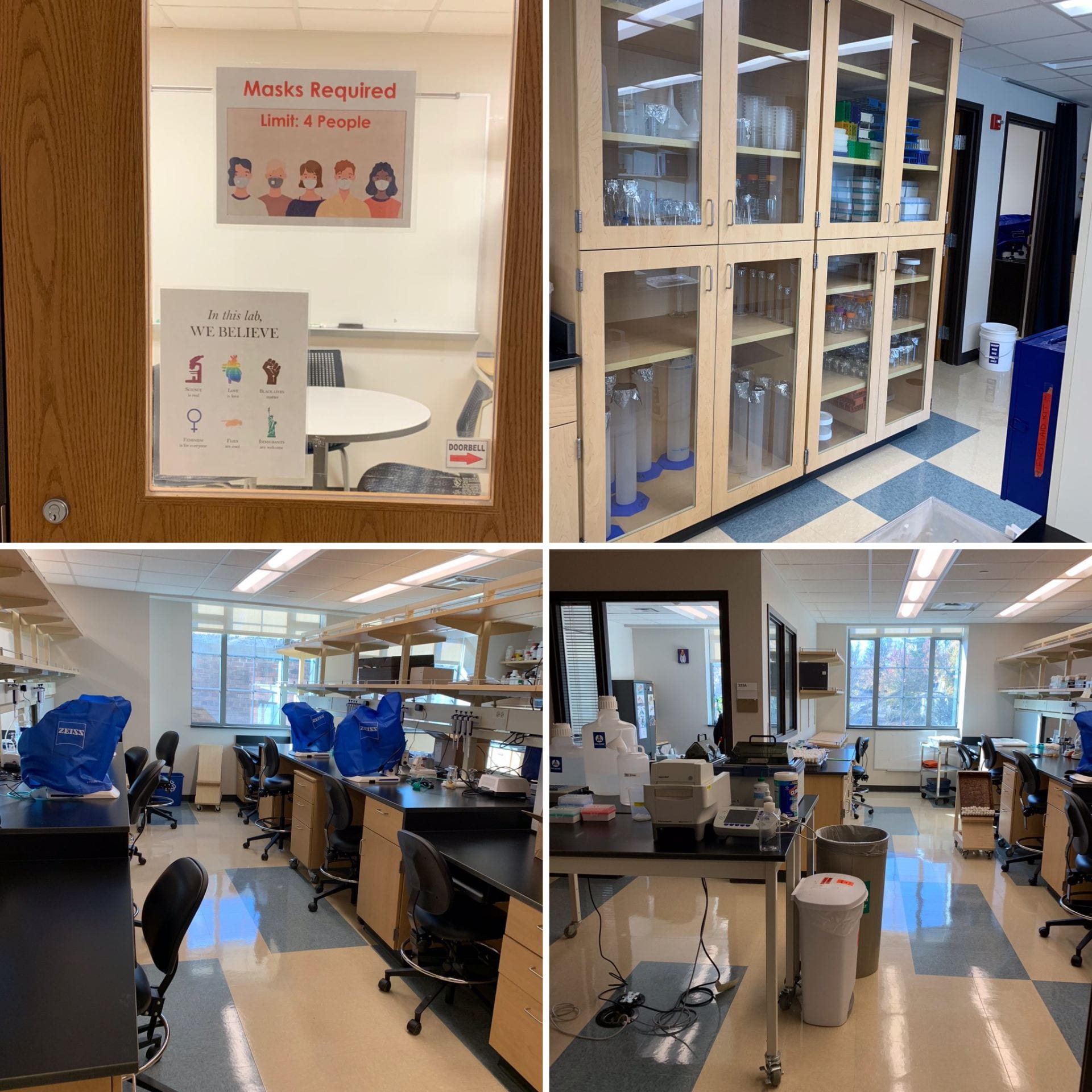 Pictured is a collage of four images of the Weaver lab. The top left is the entrance door with safety signs, the top right is a large cabinet with various types of lab equipement, the bottom left shows a lab bench with a row of microscopes with blue covers, and the bottom right shows her office entrance from within the lab.