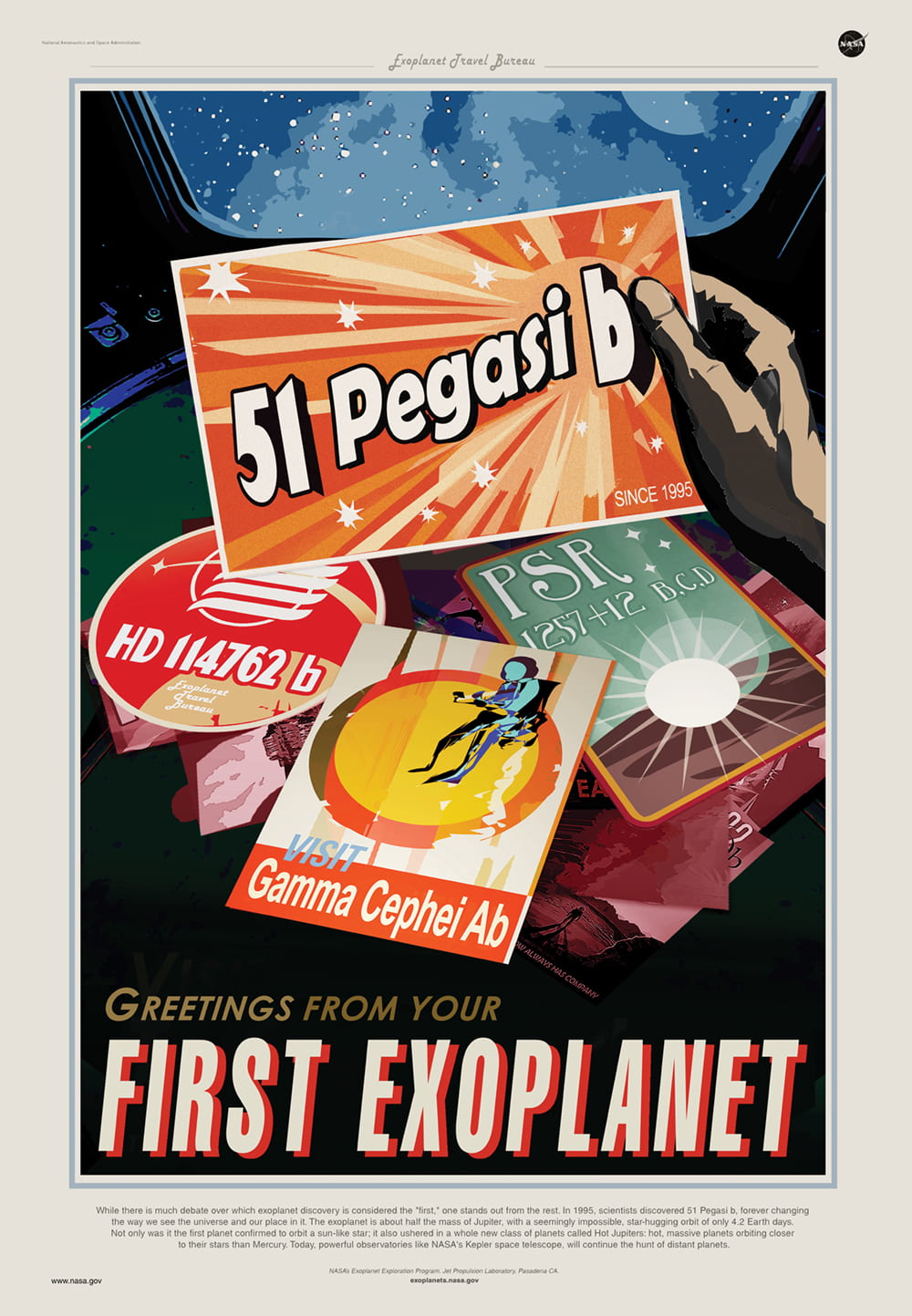 A travel poster for the first exoplanet featuring fake postcards of other planets and a hand holding up one which reads 51 Pegasi b. In the background is a stylised view out a window looking into space. On the bottom it reads Greetings from you first exoplanet